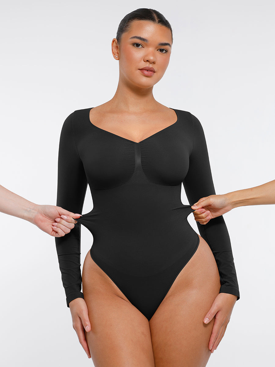 Body tanga à manches longues sans couture pour le contrôle du ventre