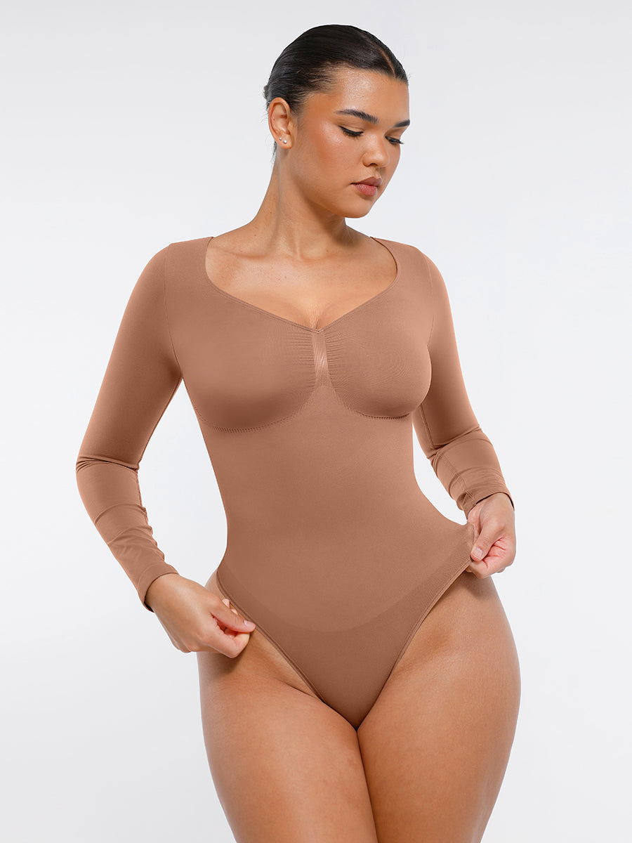 Body tanga à manches longues sans couture pour le contrôle du ventre