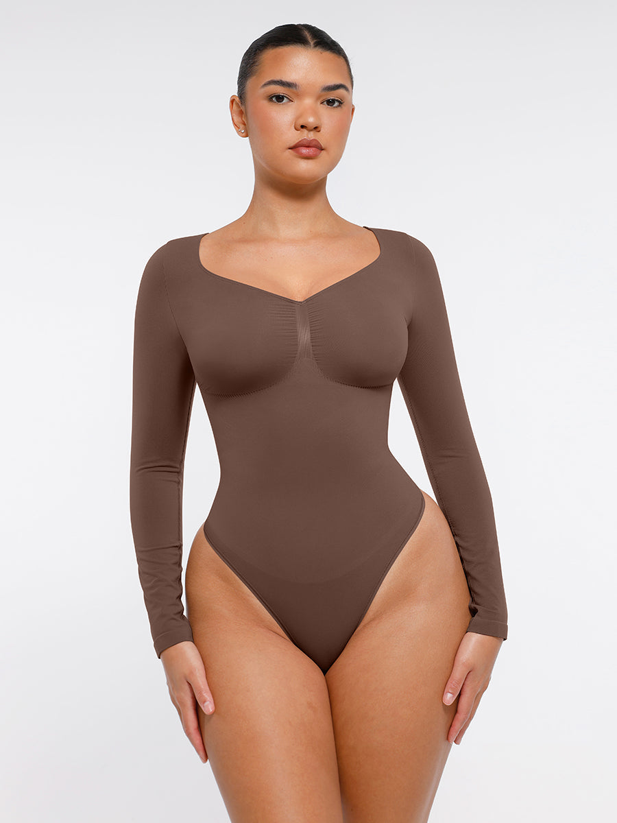 Body tanga à manches longues sans couture pour le contrôle du ventre