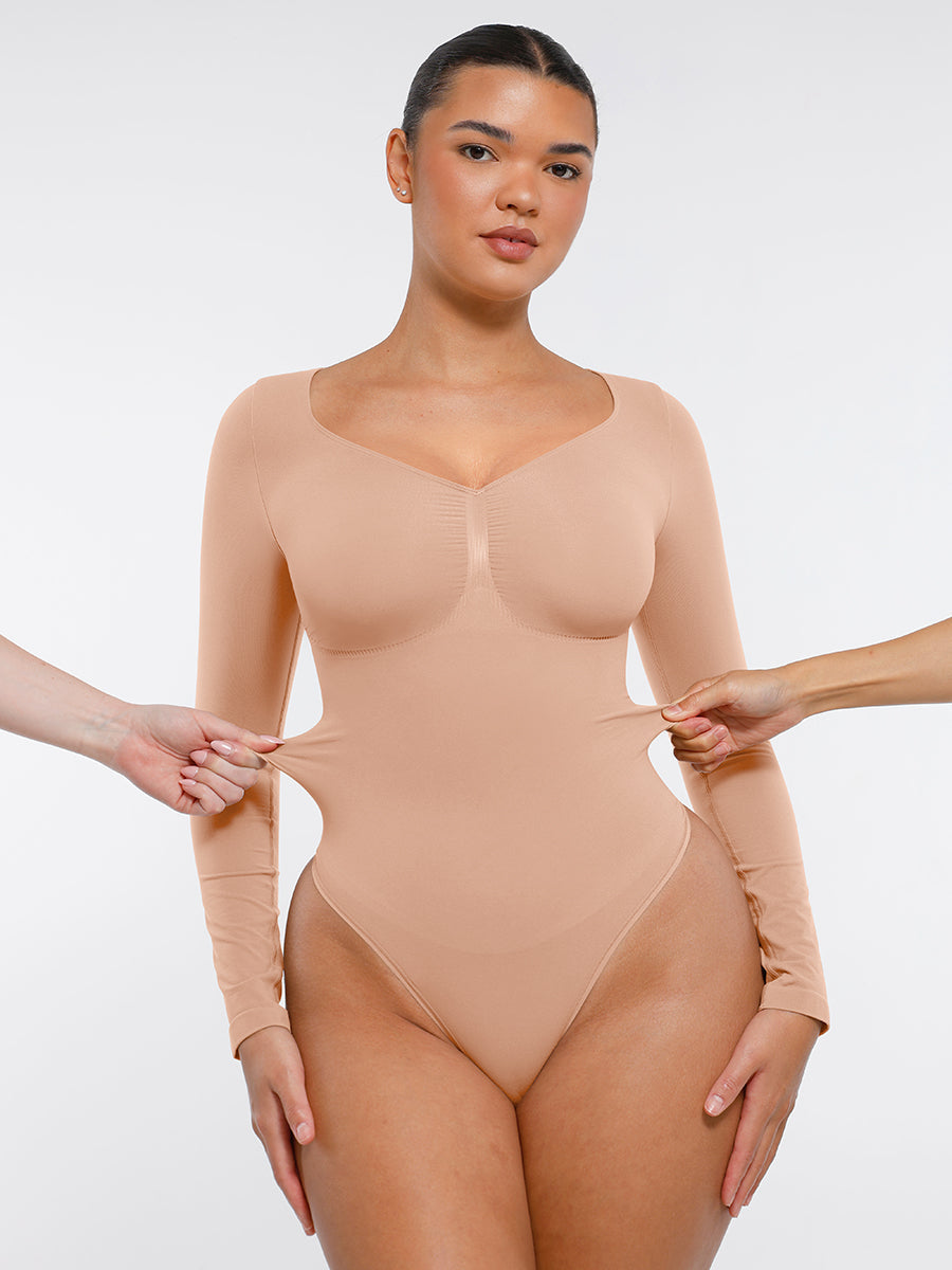 Body tanga à manches longues sans couture pour le contrôle du ventre