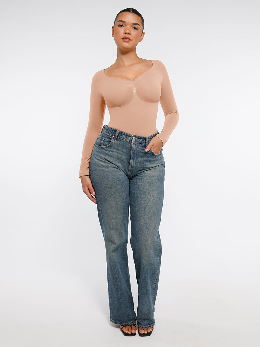 Body tanga à manches longues sans couture pour le contrôle du ventre