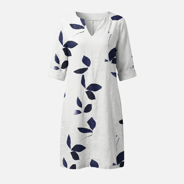 Ingeborg | Robe Midi Femme Décolleté en V Manches 3/4 Motif Feuilles – Robe Midi Feuilles
