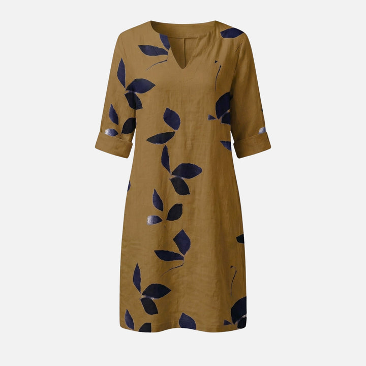 Ingeborg | Robe Midi Femme Décolleté en V Manches 3/4 Motif Feuilles – Robe Midi Feuilles