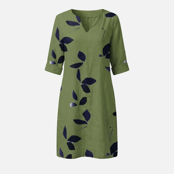 Ingeborg | Robe Midi Femme Décolleté en V Manches 3/4 Motif Feuilles – Robe Midi Feuilles