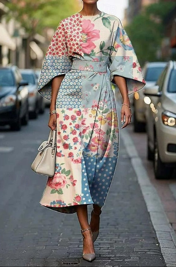 Lea | Robe midi élégante à manches kimono imprimée pour femmes