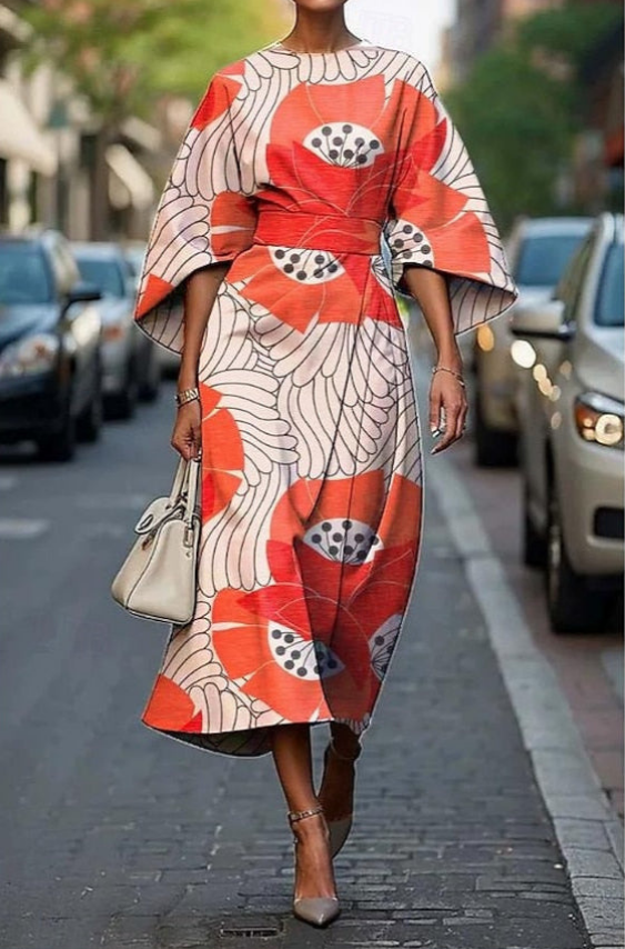 Lea | Robe midi élégante à manches kimono imprimée pour femmes