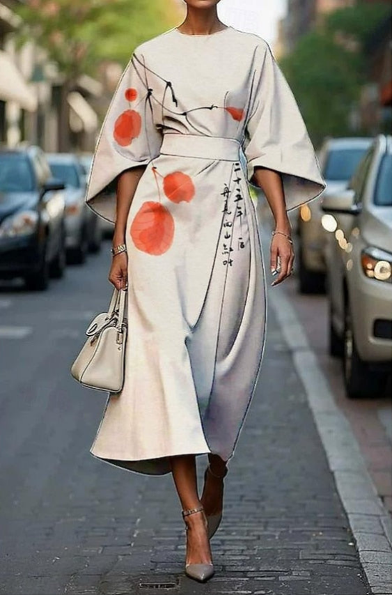 Lea | Robe midi élégante à manches kimono imprimée pour femmes