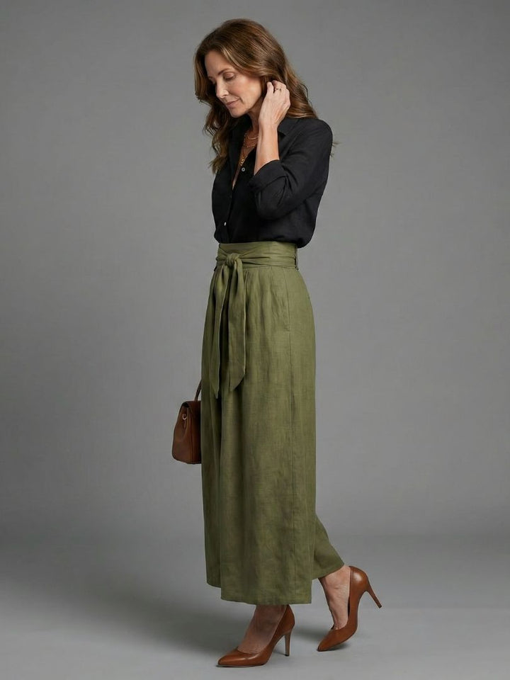 Vera | Ensemble Deux Pièces Blouse Noire Jupe Midi Olive