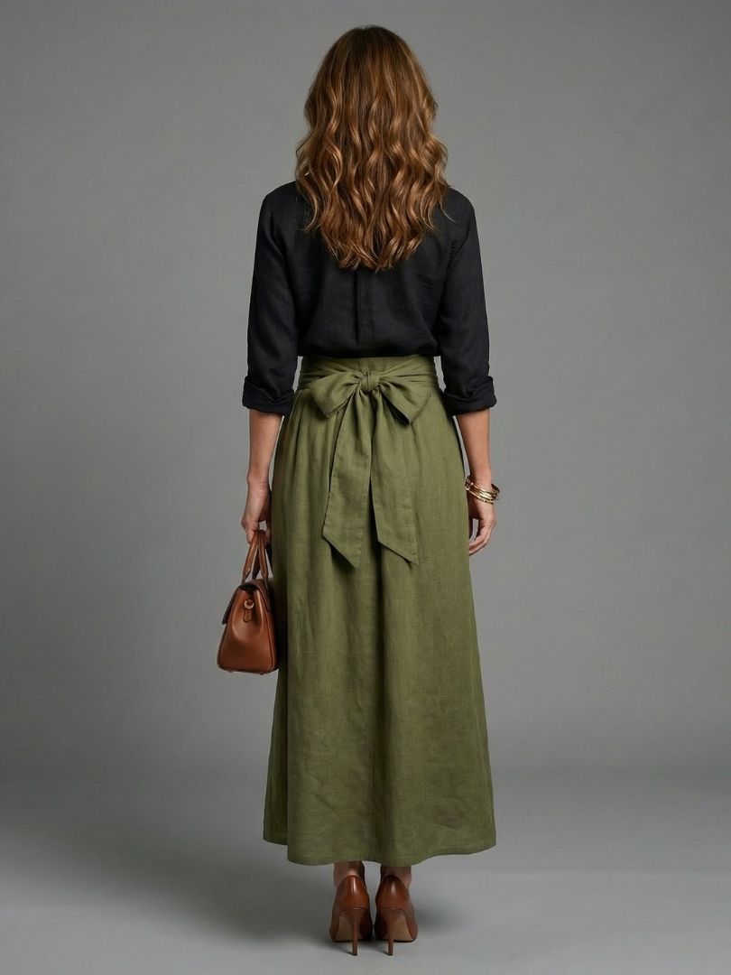 Vera | Ensemble Deux Pièces Blouse Noire Jupe Midi Olive
