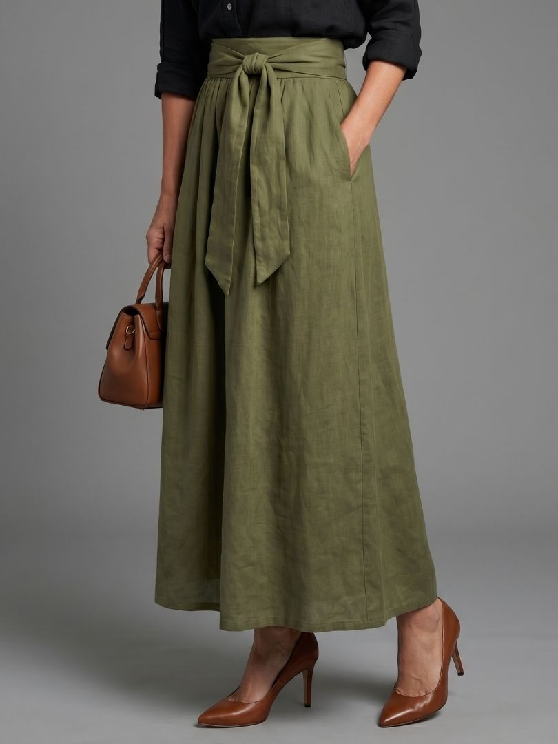 Vera | Ensemble Deux Pièces Blouse Noire Jupe Midi Olive