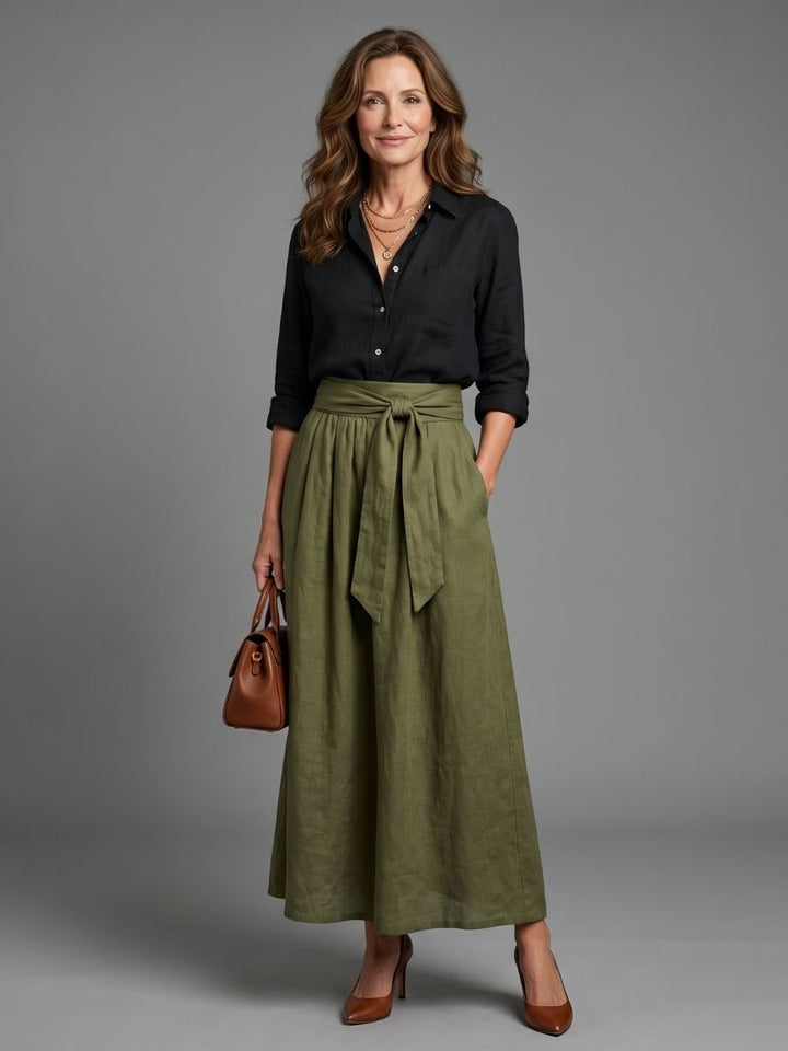 Vera | Ensemble Deux Pièces Blouse Noire Jupe Midi Olive
