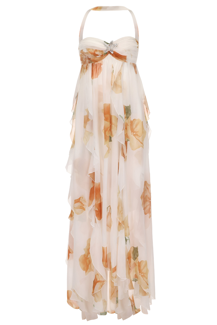 Kim | Robe maxi à encolure halter en look superposé