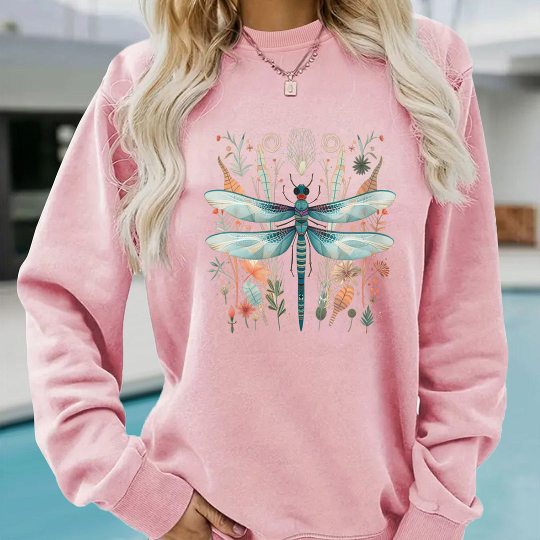 Sweatshirt pour femmes avec un imprimé unique de libellules et un design botanique