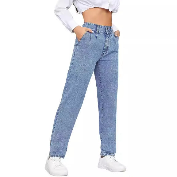 Jeans Boyfriend Taille Haute pour Femmes avec Coupe Classique et Détails Boutonnés
