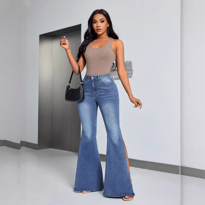 Jeans évasés taille haute élégants pour femmes avec fentes latérales