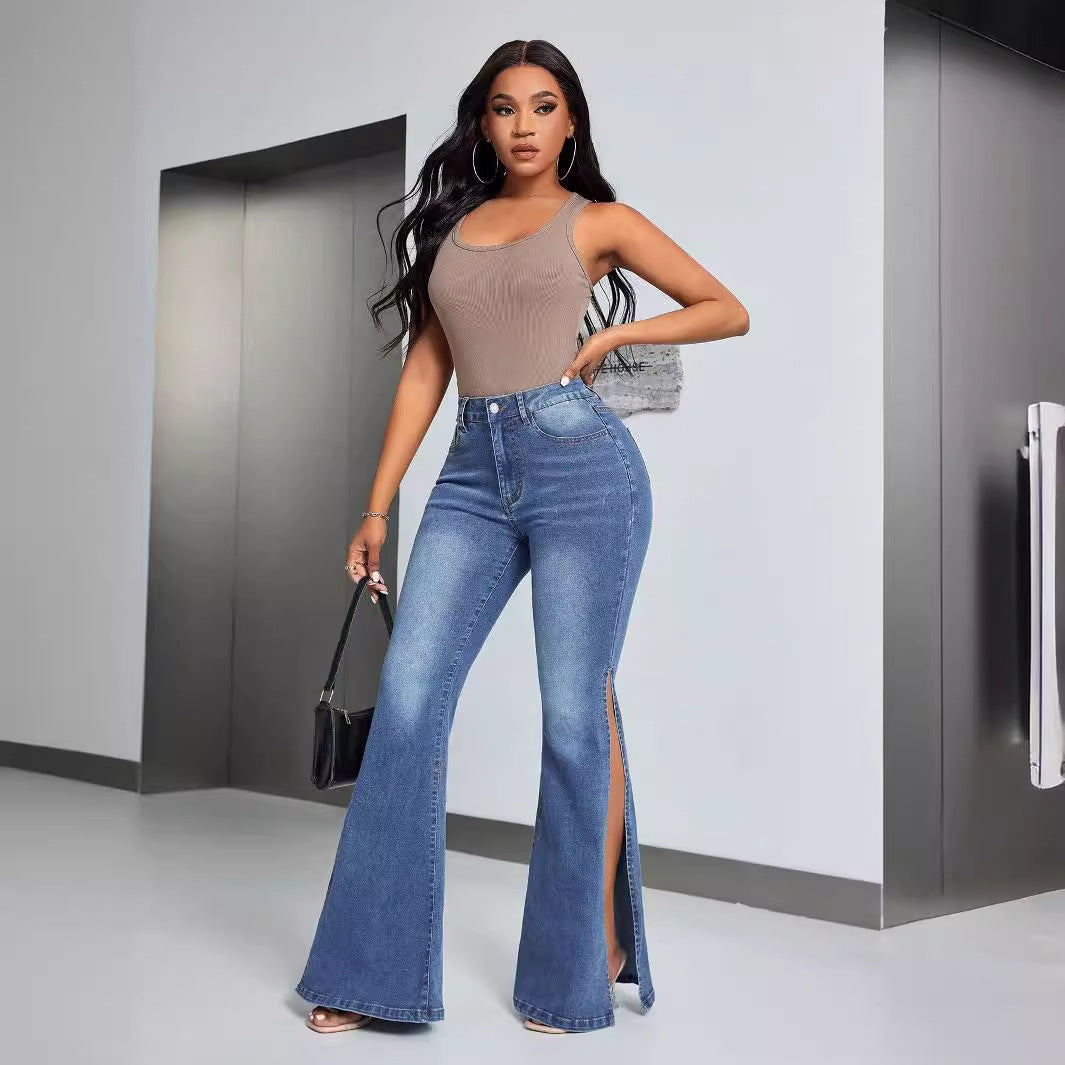 Jeans évasés taille haute élégants pour femmes avec fentes latérales