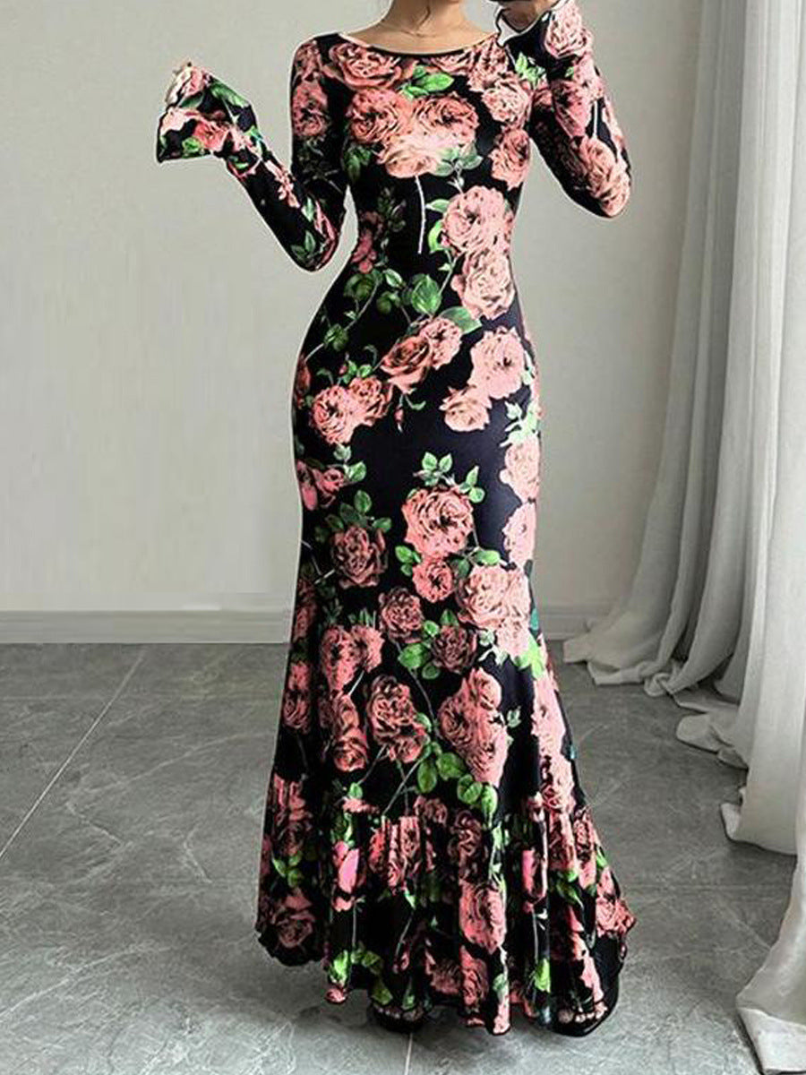 Robe maxi élégante pour femmes avec des détails en volants floraux et des manches longues