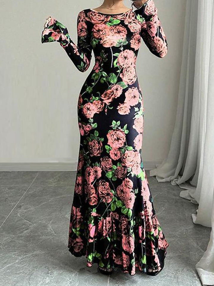 Robe maxi élégante pour femmes avec des détails en volants floraux et des manches longues