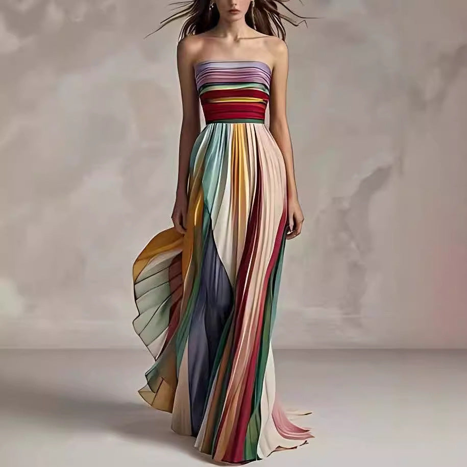 Savana - Robe maxi sans bretelles multicolore avec plis