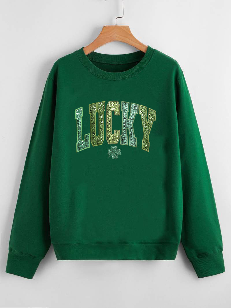 Sweatshirt décontracté pour femmes avec inscription scintillante et motif de trèfle
