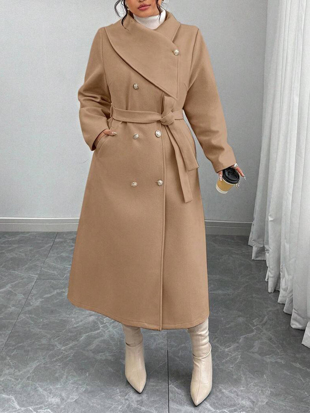 Manteau en laine élégant et chaud pour femmes avec double boutonnage et ceinture