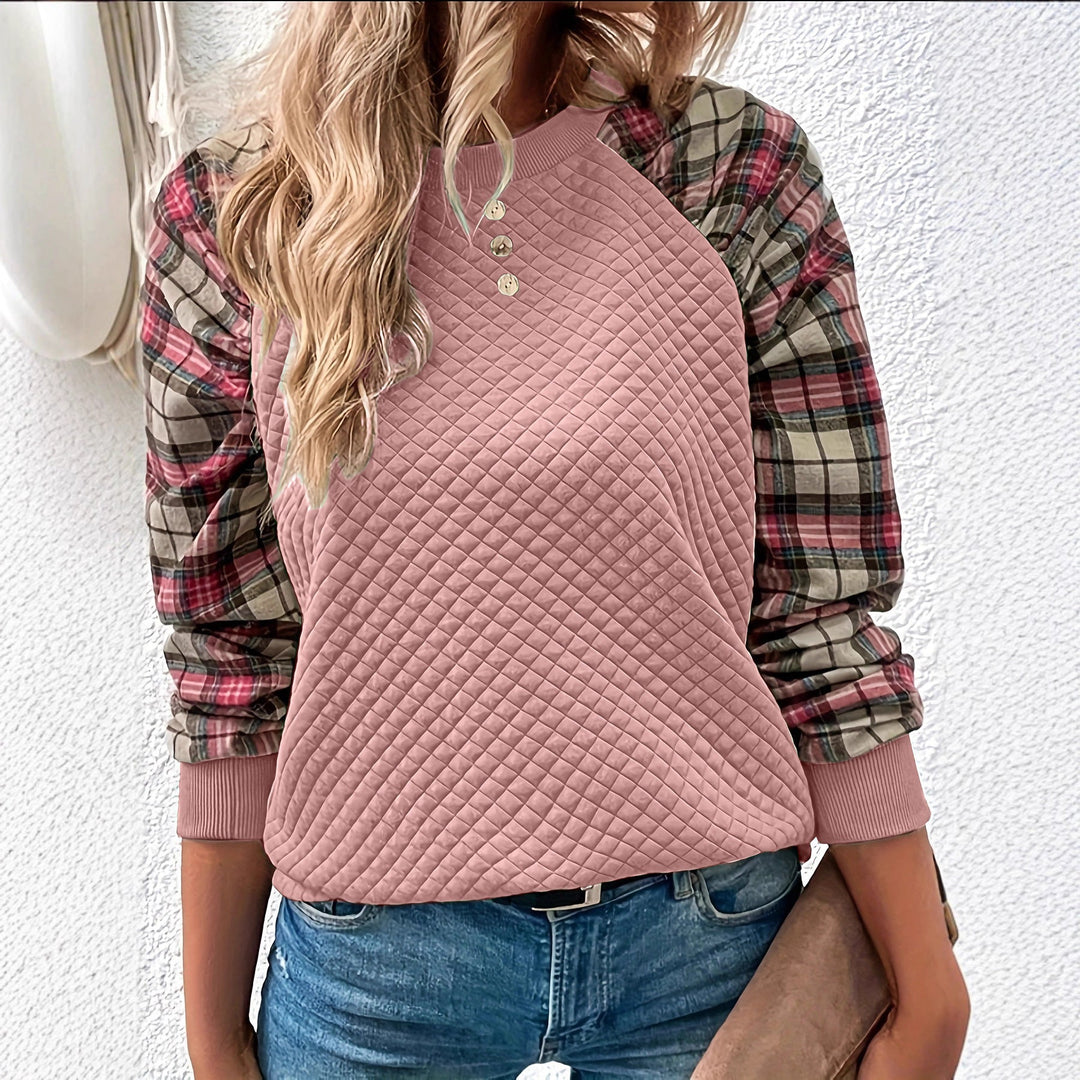 Sweatshirt femme avec texture en grille et manches à carreaux