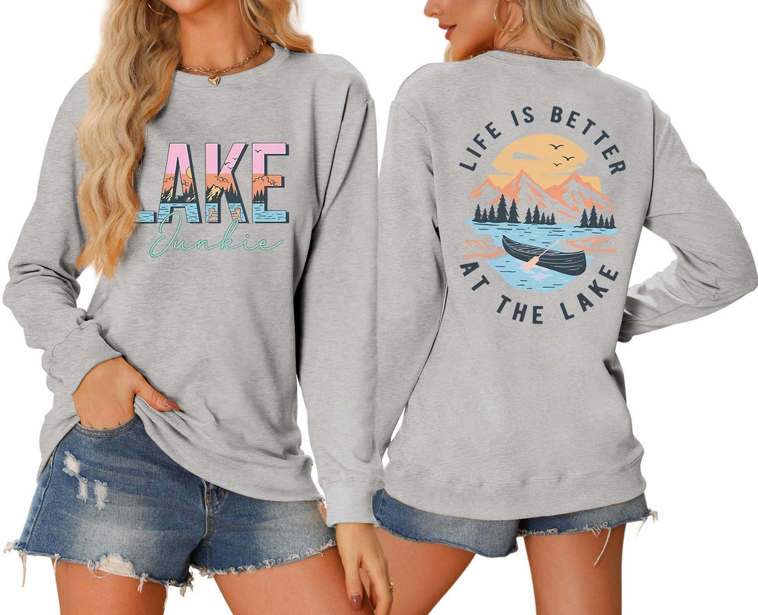 T-shirt à manches longues pour femmes avec motif lac créatif et coupe décontractée