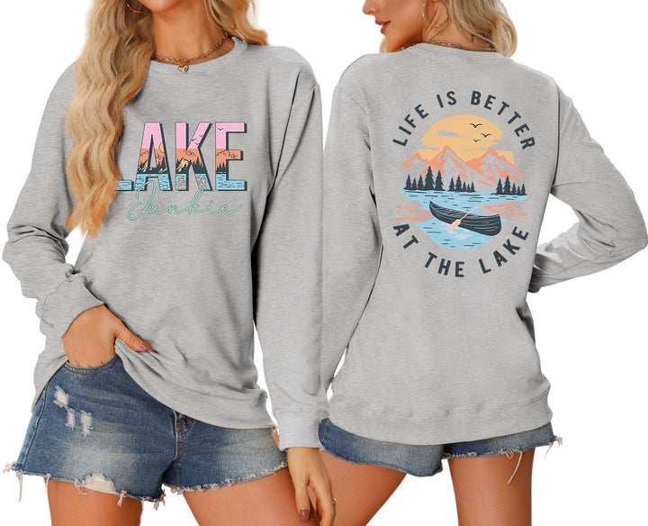 T-shirt à manches longues pour femmes avec motif lac créatif et coupe décontractée