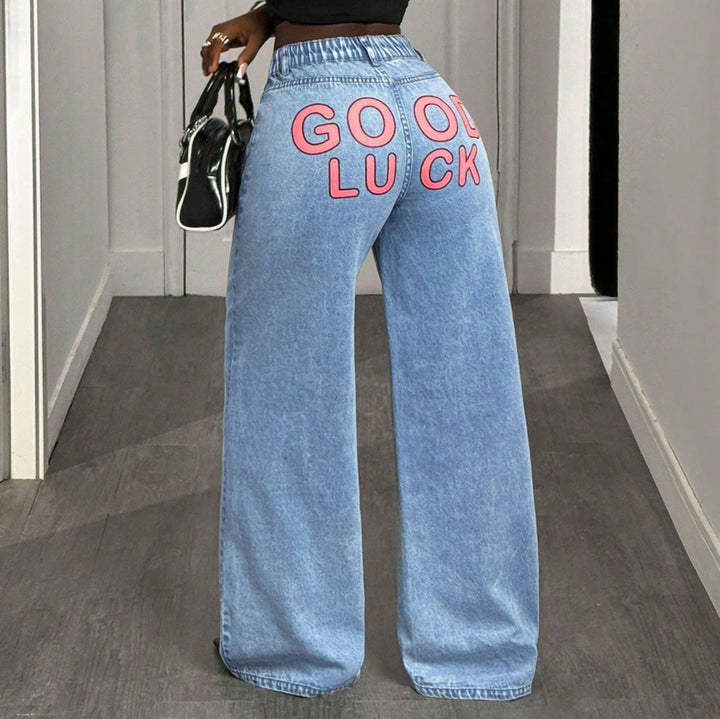 Jeans femmes taille haute à jambes larges avec impression statement
