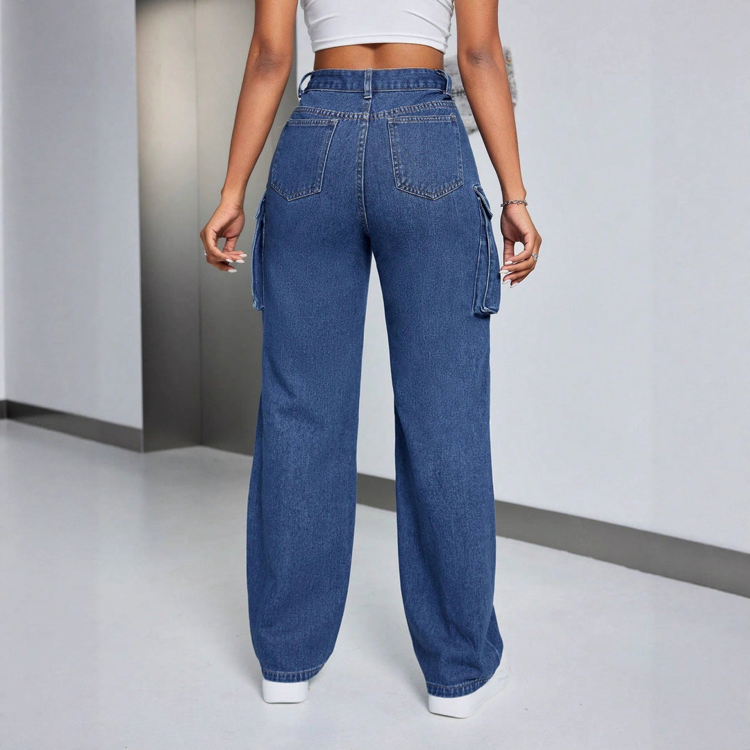 Jeans cargo pour femmes à taille haute avec poches latérales