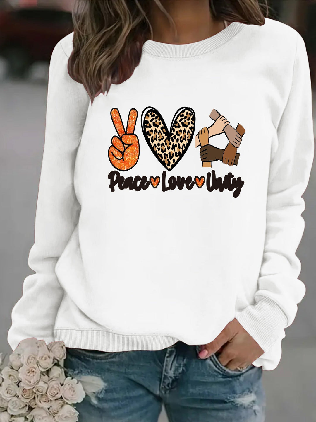 Sweat-shirt pour femmes avec un motif créatif de Paix, Amour et Unité