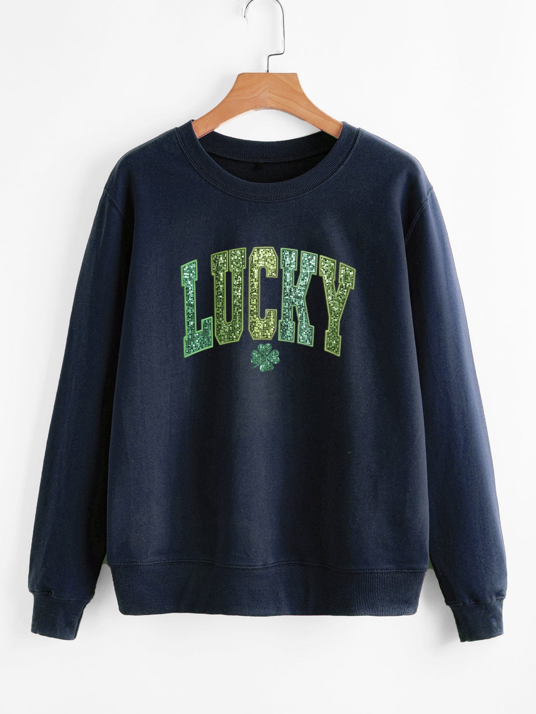 Sweatshirt décontracté pour femmes avec inscription scintillante et motif de trèfle