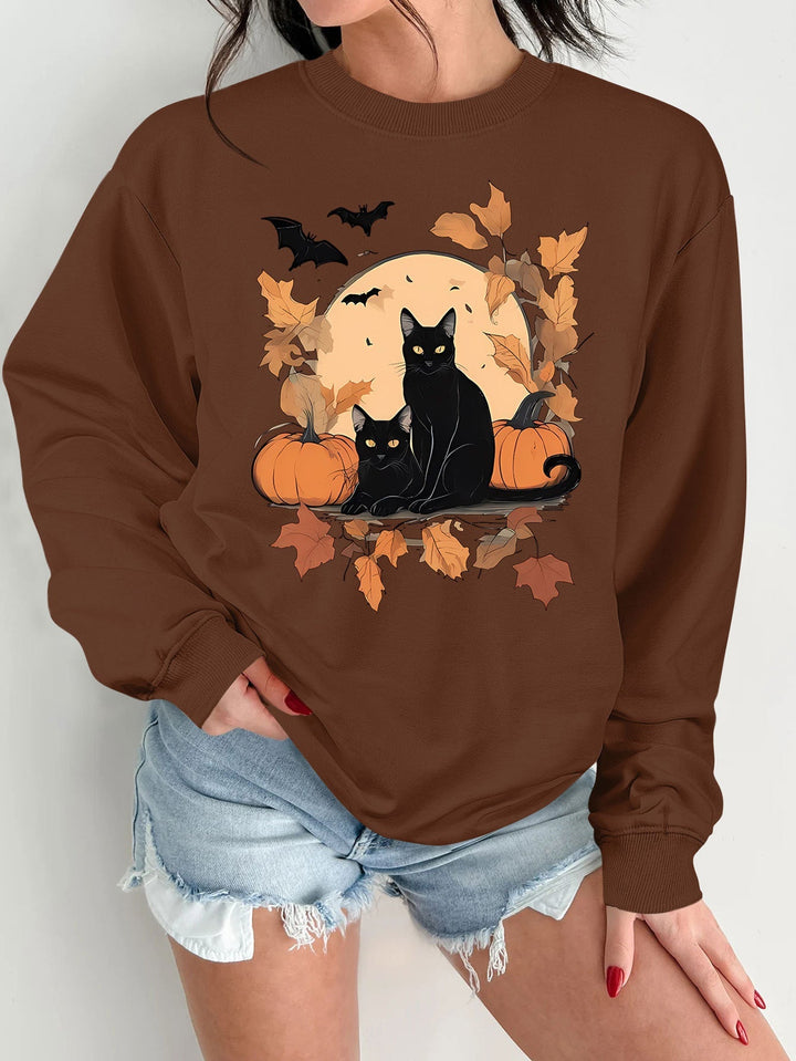 Sweatshirt pour femmes avec un design automnal de chats et de citrouilles