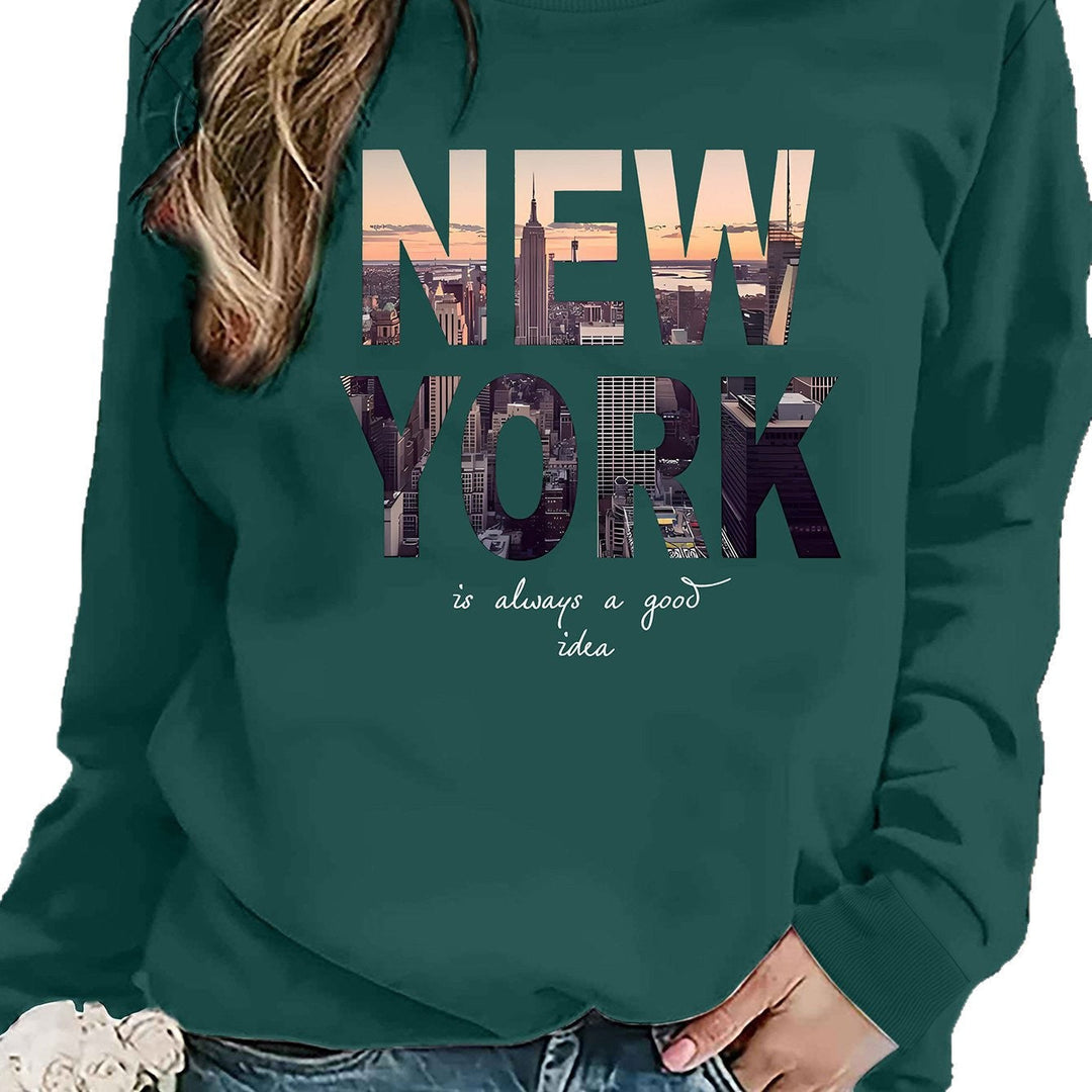 Sweatshirt pour femmes avec impression créative de la skyline de New York et coupe confortable