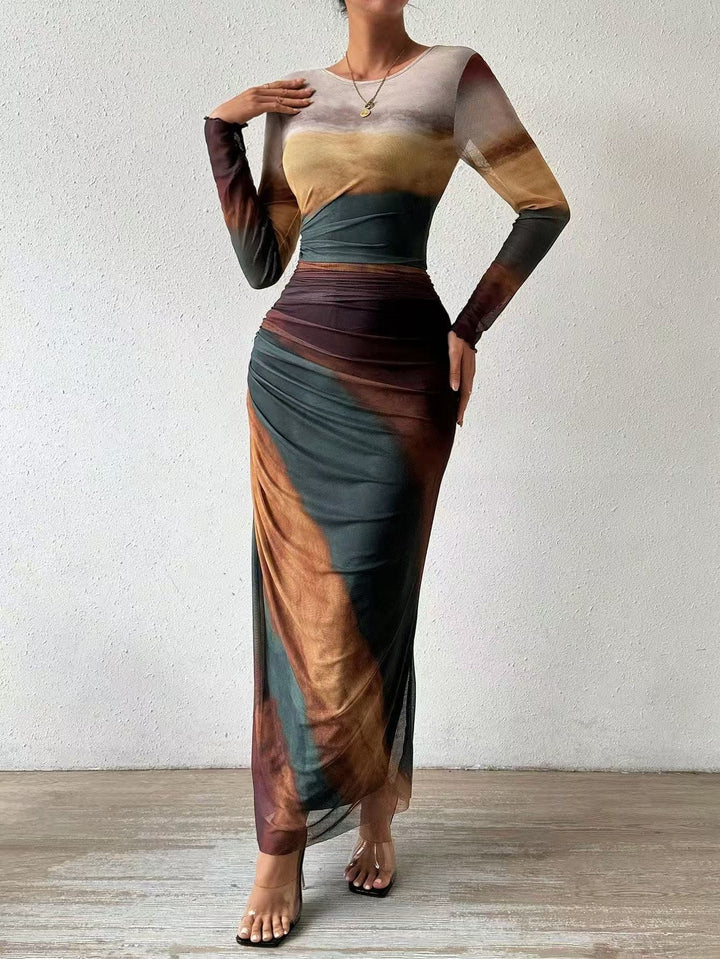 TORINA - Robe maxi imprimée confortable à manches longues et col rond