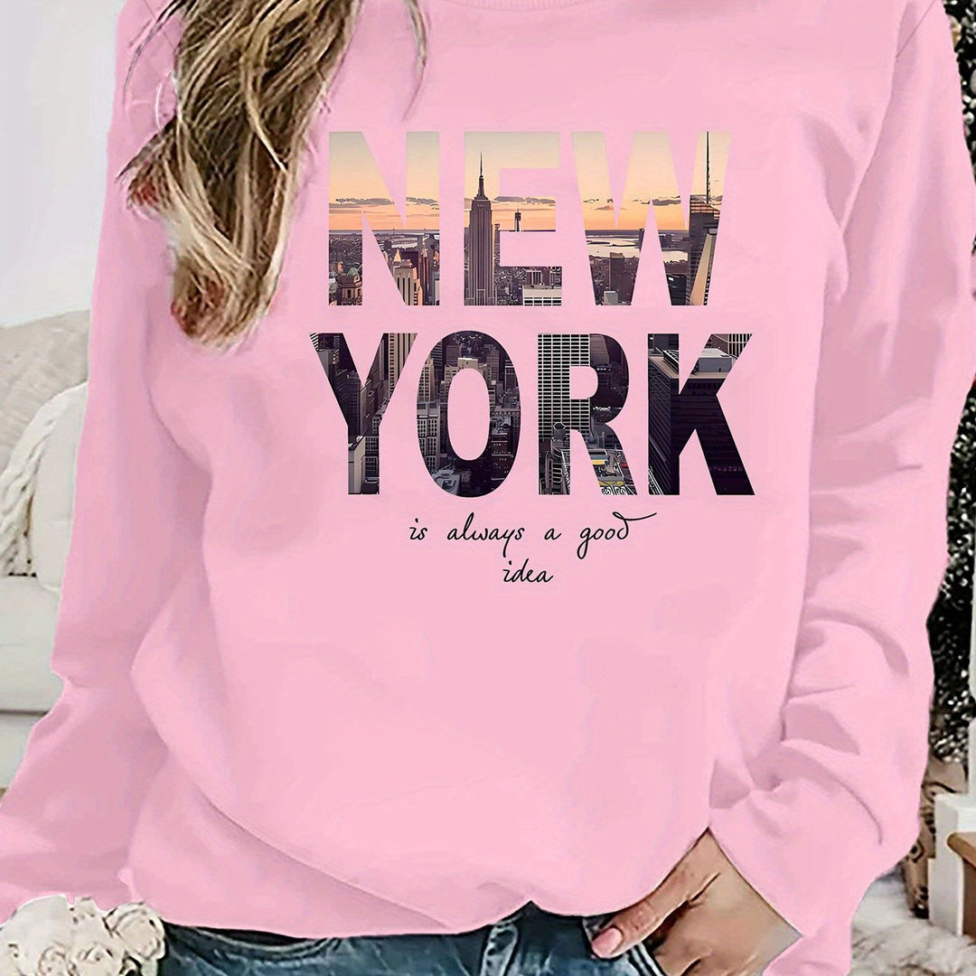 Sweatshirt pour femmes avec impression créative de la skyline de New York et coupe confortable