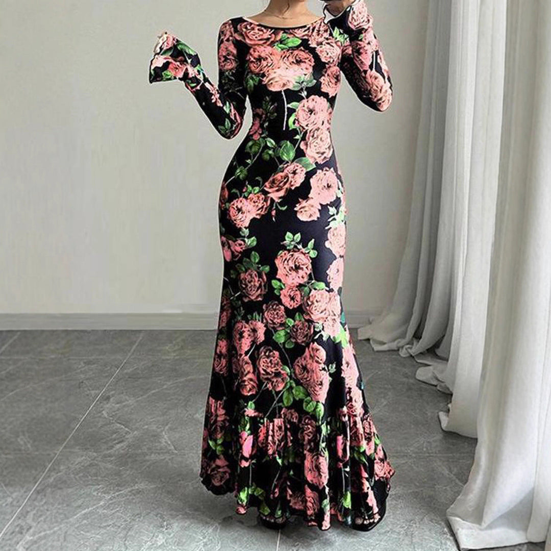 Robe maxi élégante pour femmes avec des détails en volants floraux et des manches longues