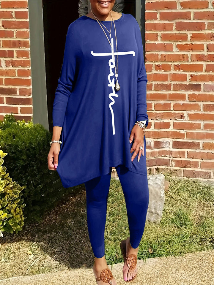 Ensemble de leggings et tunique pour femmes avec coupe asymétrique et imprimés motivants