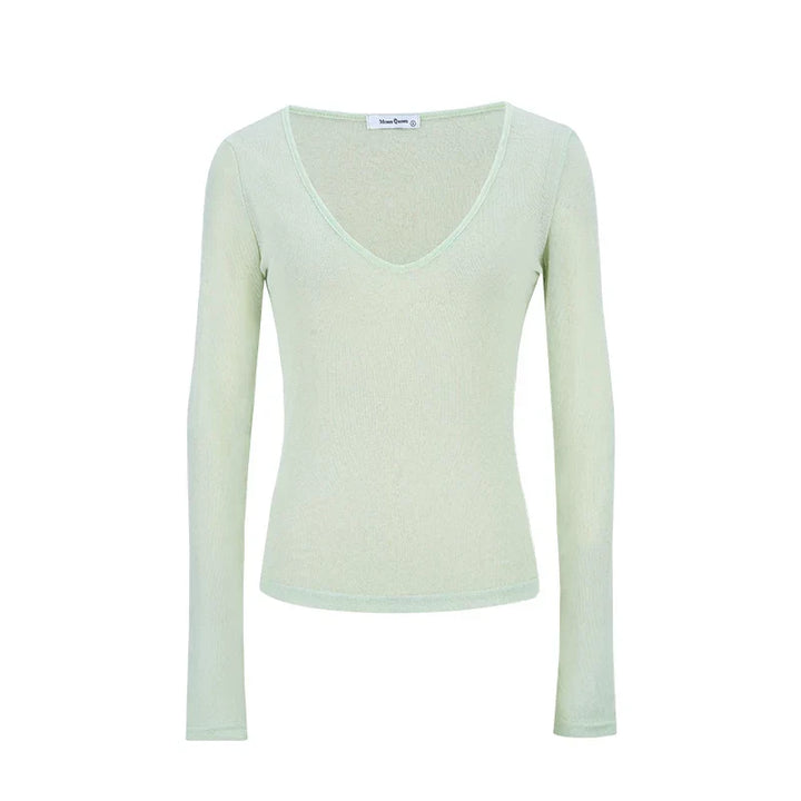 T-shirt à manches longues léger pour femmes avec décolleté en V et bonnets intégrés