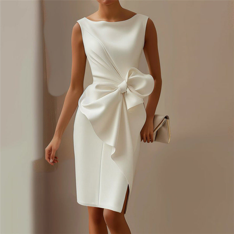 Eva - Robe midi sans manches blanche avec détail en nœud
