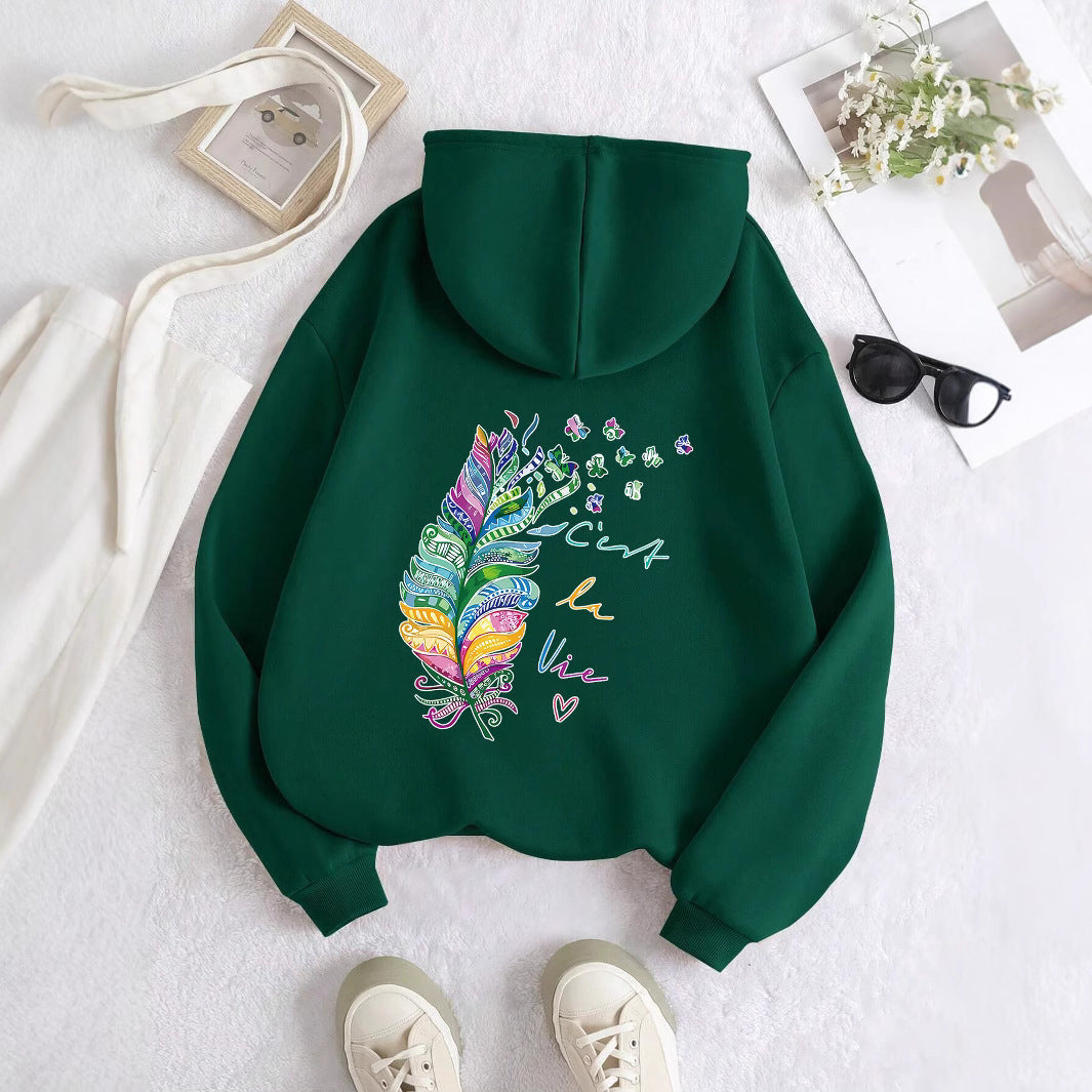 Sweat à capuche décontracté pour femmes avec design de plumes colorées et inscription inspirante