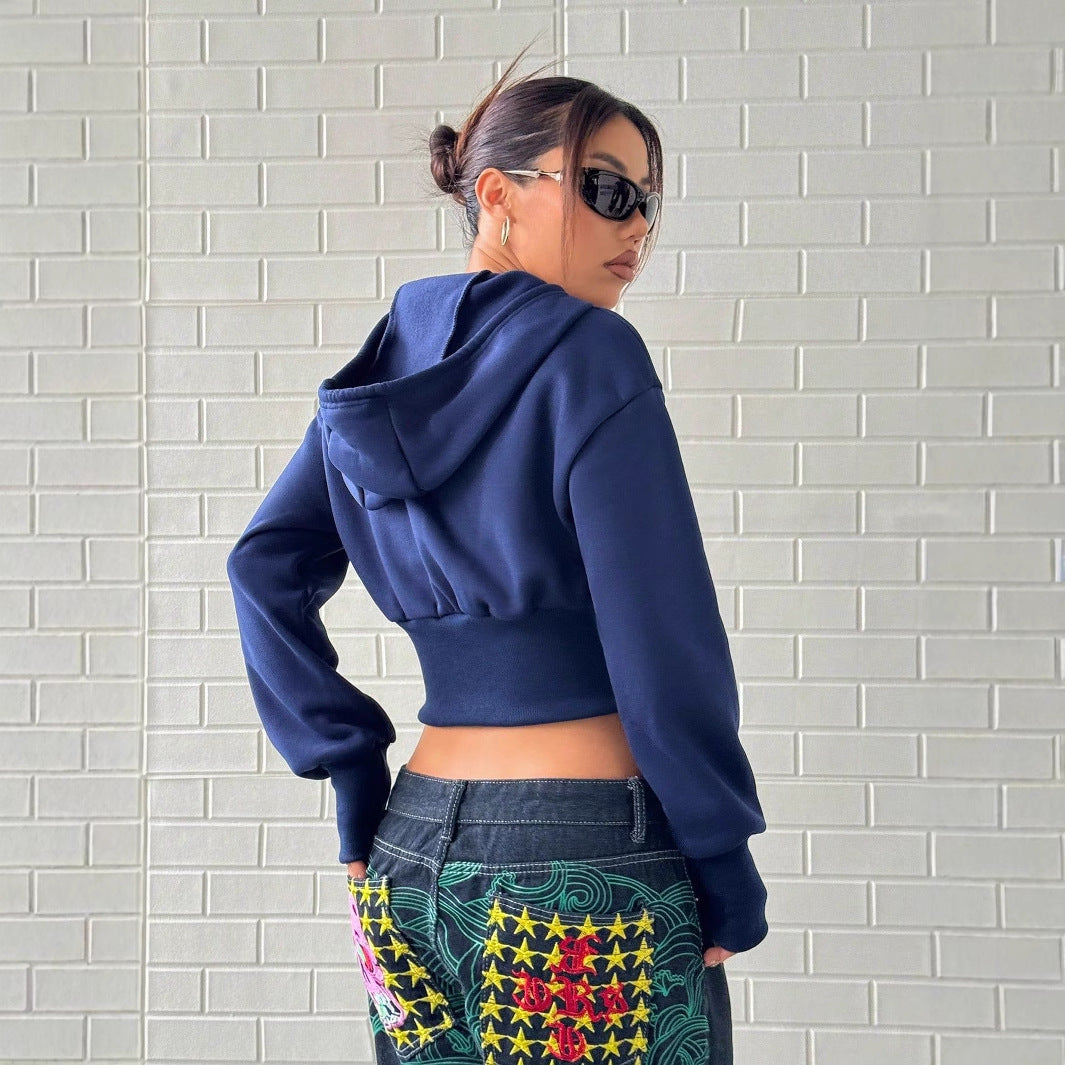 Pull cropped à capuche pour femmes avec fermeture éclair et manches larges