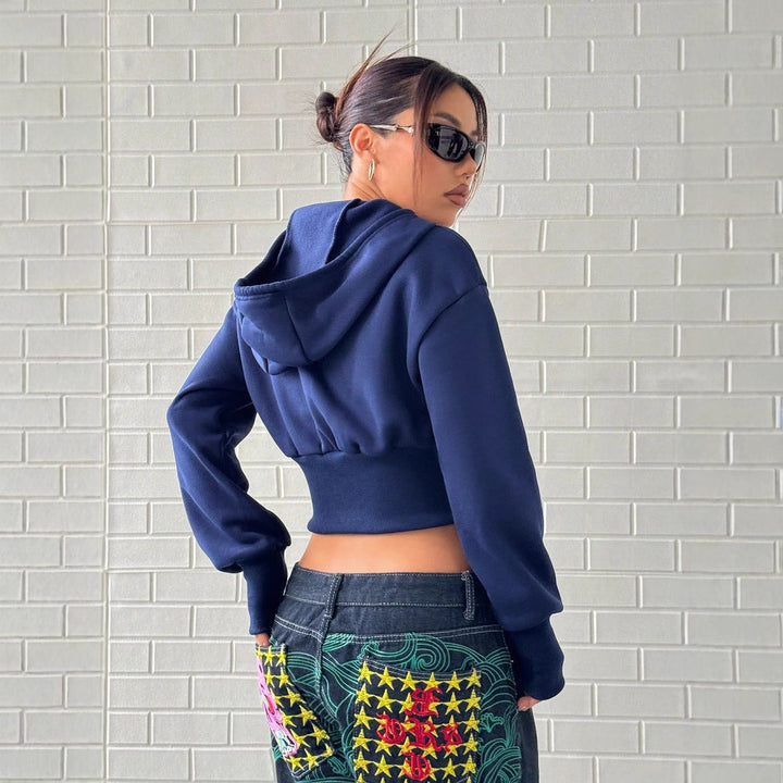 Pull cropped à capuche pour femmes avec fermeture éclair et manches larges