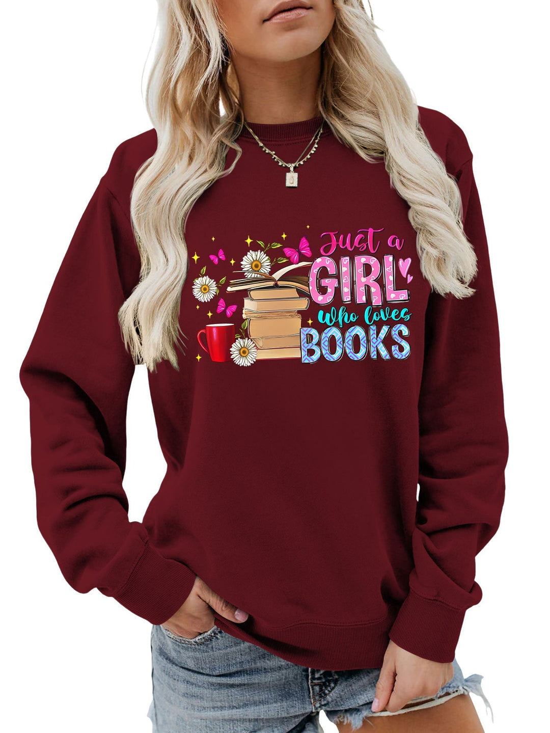 Sweatshirt pour femmes avec motif de livre accrocheur et coupe décontractée
