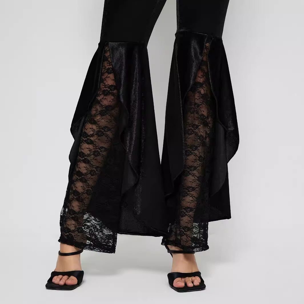 Pantalon Palazzo élégant taille haute pour femmes avec inserts en dentelle transparente
