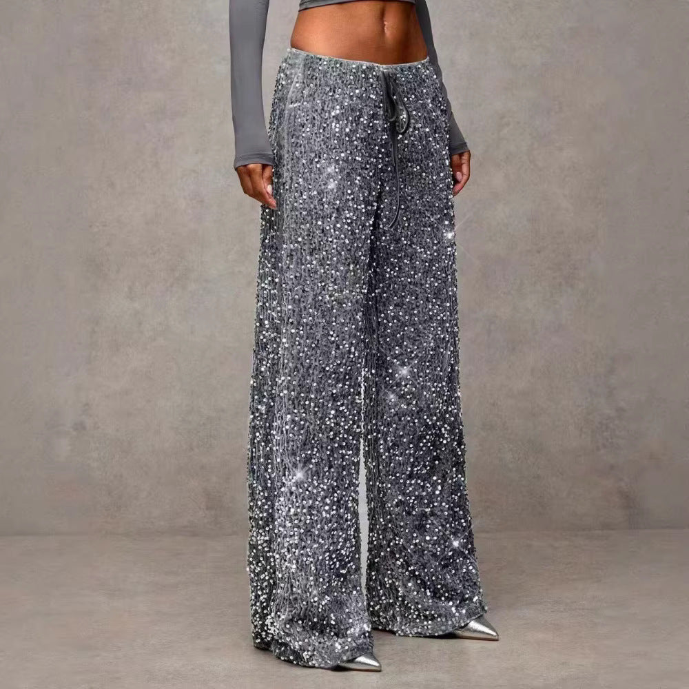 Pantalon palazzo extravagant pour femmes avec ornements en sequins