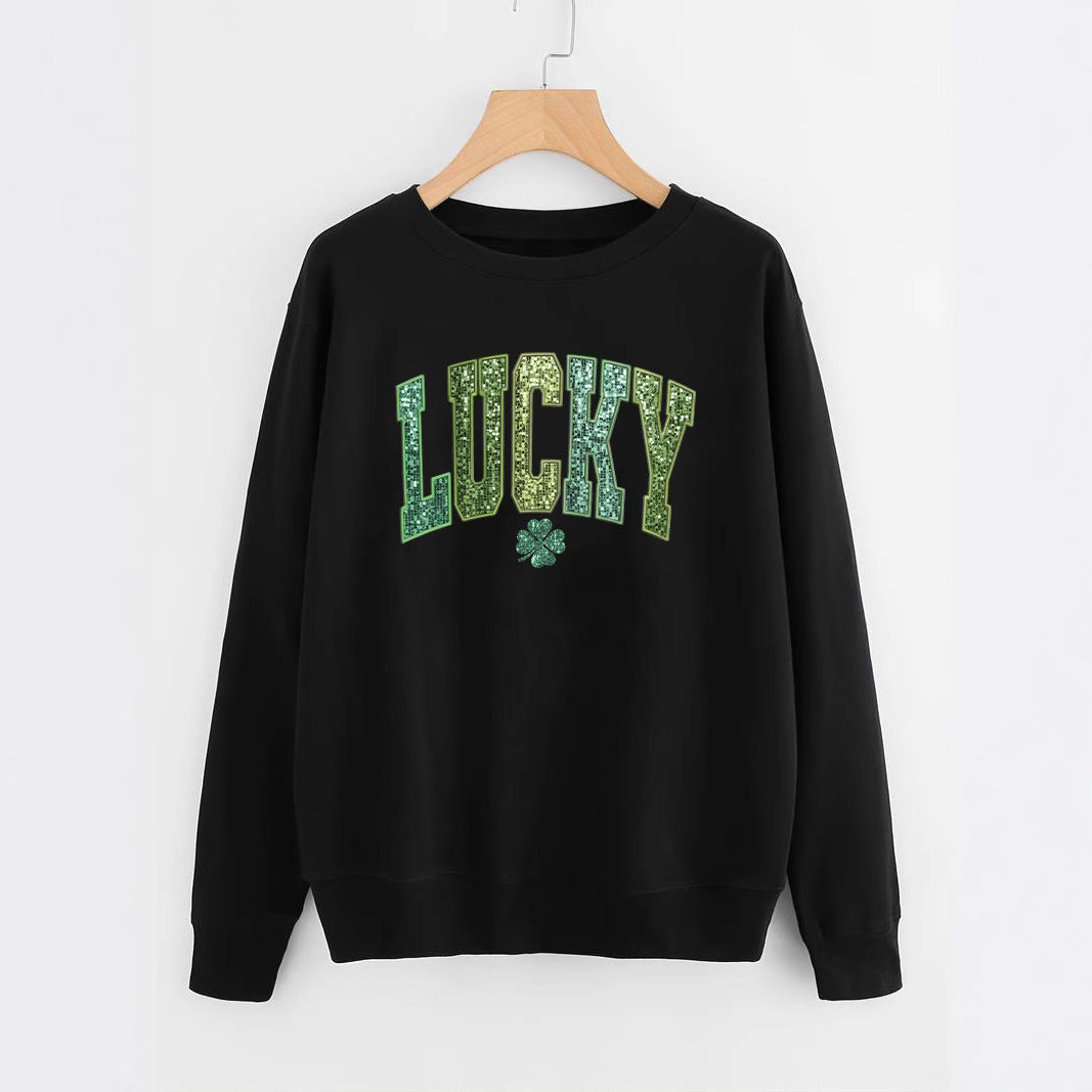 Sweatshirt décontracté pour femmes avec inscription scintillante et motif de trèfle