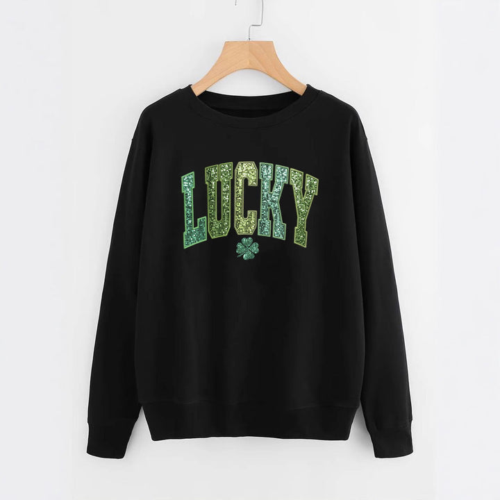 Sweatshirt décontracté pour femmes avec inscription scintillante et motif de trèfle
