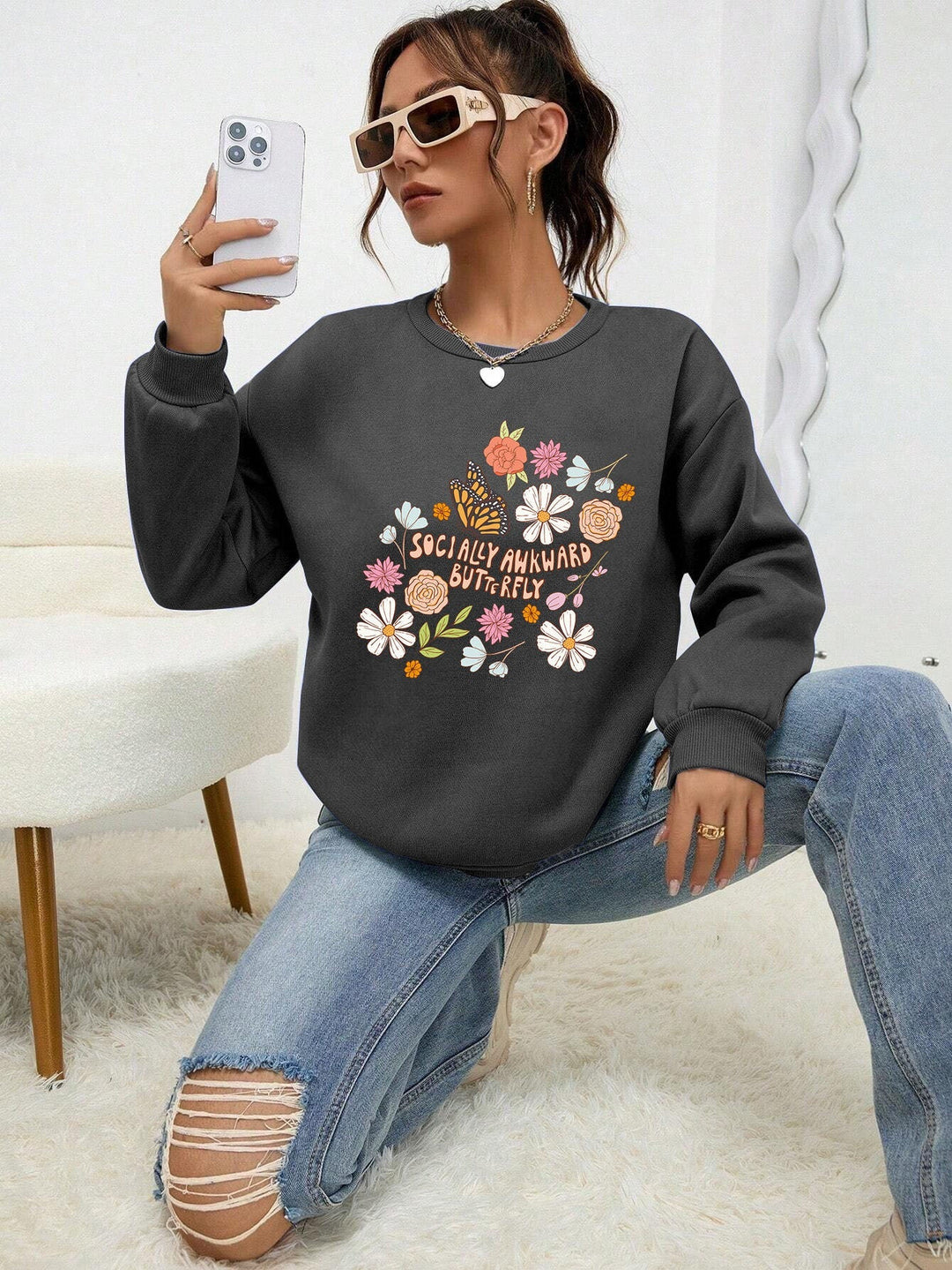 Sweatshirt pour femmes avec design floral créatif et impression inspirante
