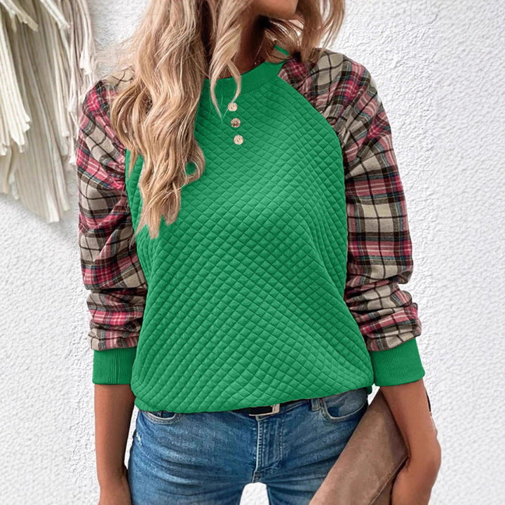 Sweatshirt femme avec texture en grille et manches à carreaux